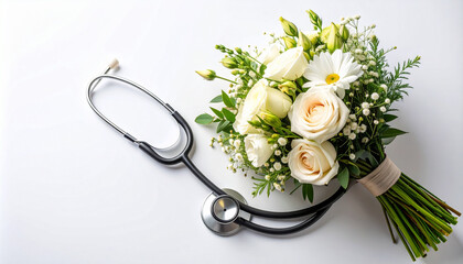 Symbol of Care: Bouquet of Flowers Wrapped with Stethoscope on White Background in Bright Natural Light
