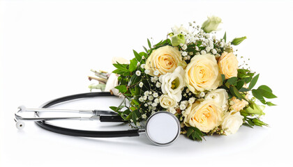 Symbol of Care: Bouquet of Flowers Wrapped with Stethoscope on White Background in Bright Natural Light