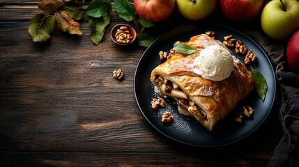 Delicious apple strudel with walnuts and vanilla ice cream served on a dark plate.