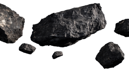 Collection of Dark, Glossy, Irregular Black Rocks with Shiny Surface on a Transparent Background