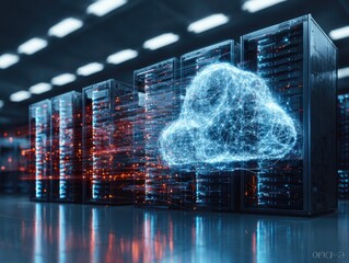 Glowing Blue Cloud Over Dark Server Racks in Data Center