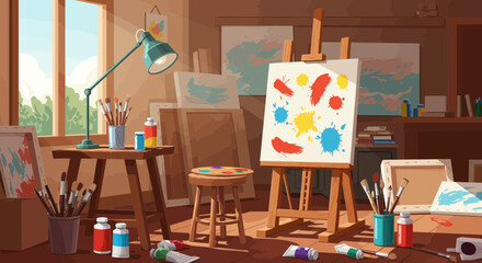 Colorful and inspiring artist's studio scene filled with creative energy and tools