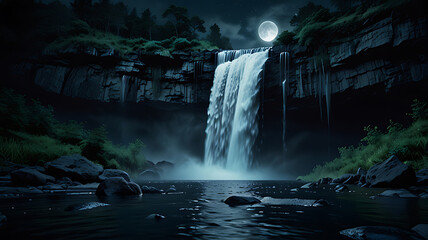 Ominous and Peaceful Nightfall Waterfall Scene








