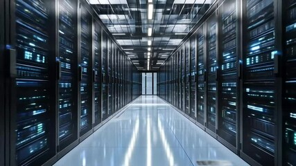 Long corridor of illuminated server racks in a modern data center facility - Powered by Adobe