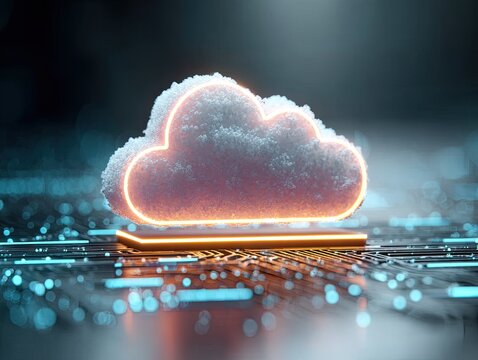 Glowing Neon Orange Cloud On Circuit Board For Cloud Security