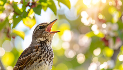 Joyful Song: Close-Up of Bird Singing with Open Beak Against Blurred Tree Background in Lively Daylight