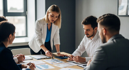 A team of business professionals collaborates around a table, reviewing documents and planning a strategy