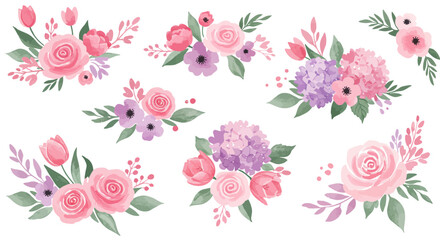 Watercolor floral collection with roses, tulips, and hydrangeas for romantic designs