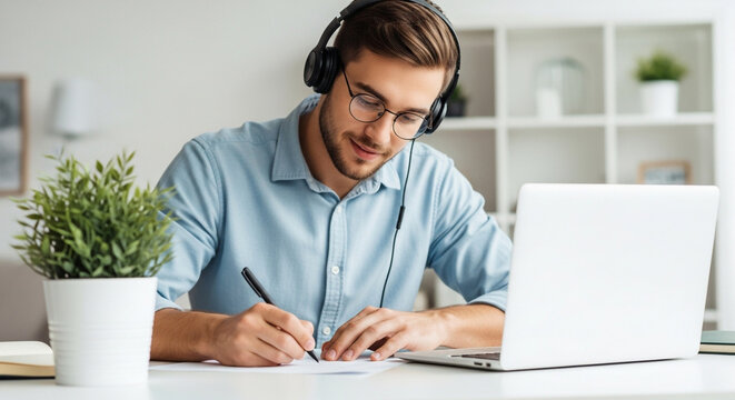 A man wearing headphones and glasses works on a laptop and writes notes at his desk