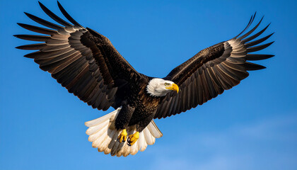 Fototapeta premium Soaring High: Close-Up of Eagle in Mid-Flight with Wings Fully Stretched Against Clear Blue Sky