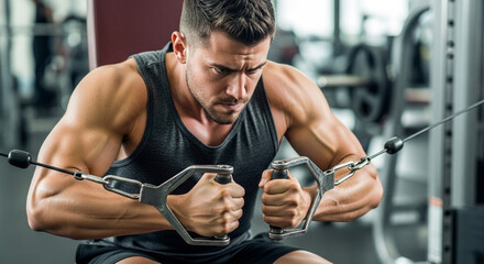 A focused man intensely works his chest and arms using a cable machine at the gym