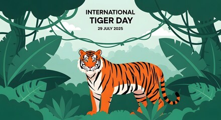 Majestic tiger stands amidst lush jungle foliage, celebrating International Tiger Day