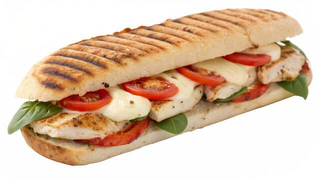 A grilled chicken panini sandwich with tomato, basil, and mozzarella isolated on transparent background