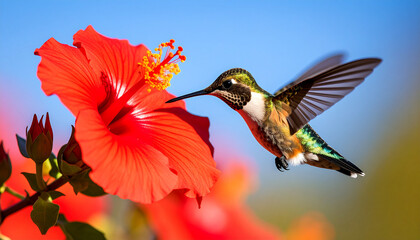 Fototapeta premium Nature’s Beauty: Close-Up of Hummingbird Feeding on Red Flower with Clean, Blurred Background