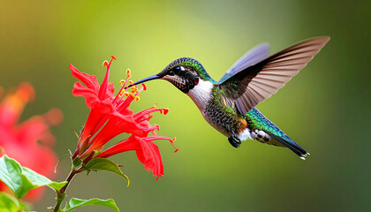 Naklejka premium Nature’s Beauty: Close-Up of Hummingbird Feeding on Red Flower with Clean, Blurred Background
