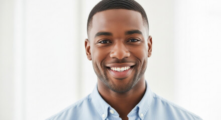 A handsome young black man smiles confidently at the camera, looking directly forward
