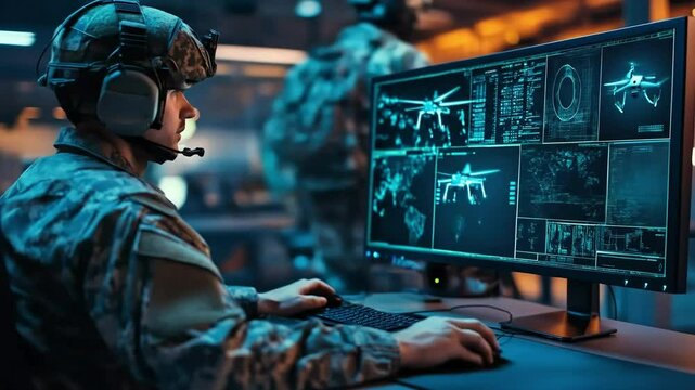 Military specialist operates advanced drone control systems in a high-tech command center