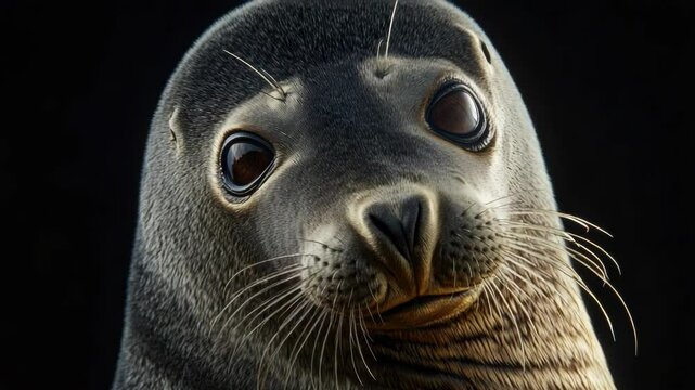 A seal is looking at the camera. Its eyes are open and it has a black nose