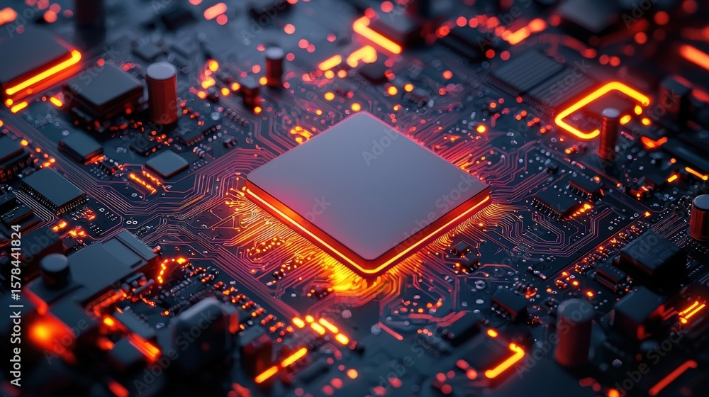 Poster advanced microchip with illuminated circuit pathways on a high-tech motherboard