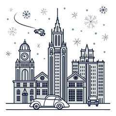 Fototapeta premium City skyline with cars and snowflakes in a whimsical winter scene illustration design shown here