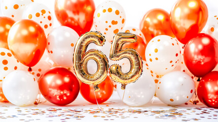 Festive celebration with golden balloon numbers for a 65th birthday or milestone event