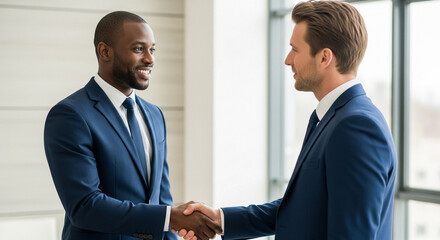 Fototapeta premium Two businessmen in suits shake hands, signifying a successful business agreement