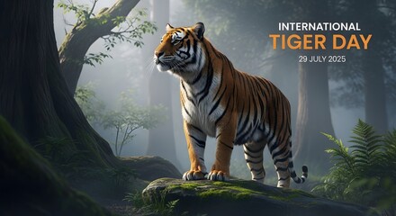 Majestic tiger in a misty forest, celebrating International Tiger Day