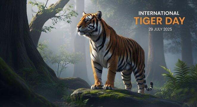 Majestic tiger in a misty forest, celebrating International Tiger Day - Powered by Adobe