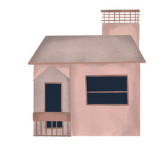 Flat Pink House with Balcony and Chimney - Cartoon Style Illustration