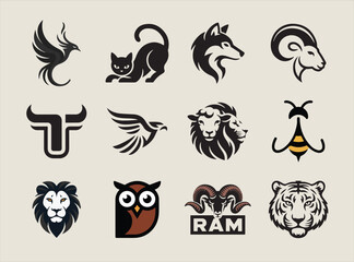 Collection of animal logo designs in black and brown tones © sumit