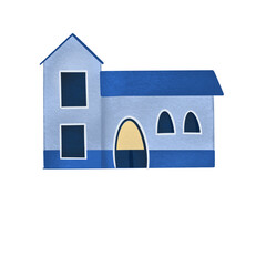 Flat Design Blue House with Arched Windows and Simple Cartoon Style - Kids Illustration