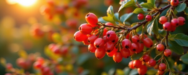 vibrant fruit capsules on a shrub glowing under golden hour light, emphasizing natural shapes and colors.