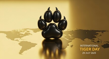 A black tiger paw print, rendered in 3D, rests on a golden world map, commemorating International Tiger Day