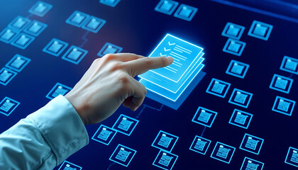 Business compliance of document management. Document or file icons and checkmark. Businessman stored documents on server according to law