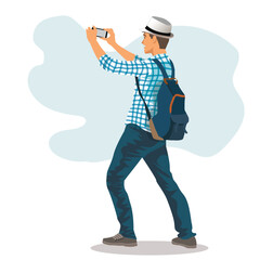 Travel photo concept of handsome young man taking pictures with his camera phone. vector, illustration flat design