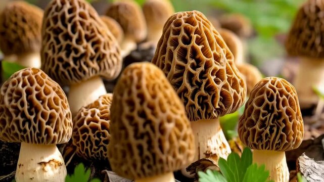 Close-up of several morel mushrooms growing in a natural forest setting, showing intricate cap and stem details.