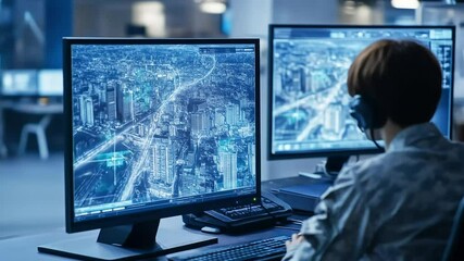 Professional observes a detailed blue city rendered on multiple advanced computer monitors.