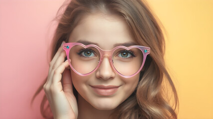 Fototapeta premium Beautiful woman wearing heart-shaped glasses, Valentine's Day image
