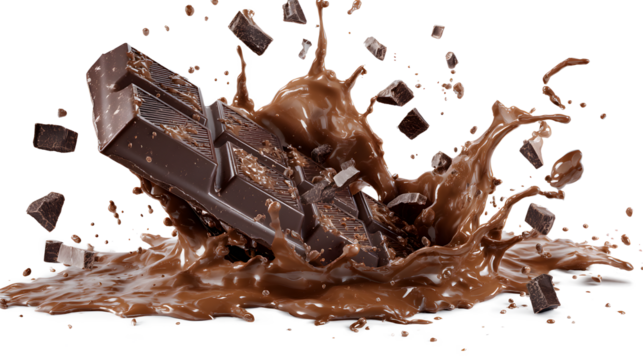 A chocolate bar is splashing into a pool of chocolate