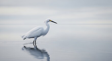 Elegant White Heron in Misty Water Reflections