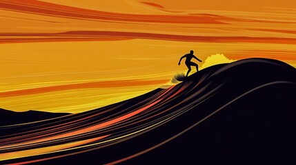 outline of a lone surfer riding a wave at sunset with sharp contrasts