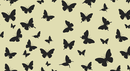 Seamless Butterfly Pattern in Black Silhouette on Beige Background for Fabric and Design
