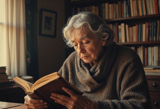 Elderly woman intensely reading antique book in dimly lit room; for mystery novel cover