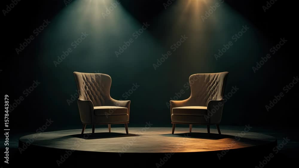 Aufkleber a professional interview stage with two chairs facing a microphone and lights, indicative of a broad