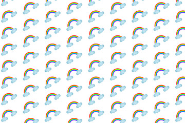 Vector seamless pattern with repeating images of rainbows with clouds on a white background.
