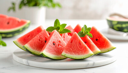 Refreshing Delight: Close-Up of Watermelon Slices with Mint Leaves on Marble Plate in Clean Modern Setting