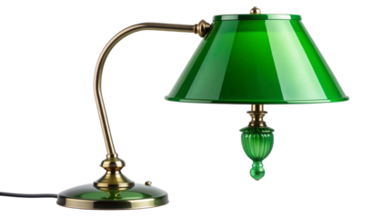 Vintage-style green desk lamp with a curved metal arm and classic green glass shade. High-resolution and isolated on a transparent background