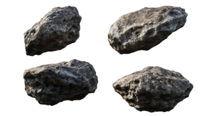 Various Textured Rocks Displaying Natural Gray Surfaces and Irregular Shapes on Transparent Background