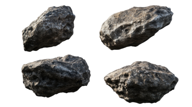 Various Textured Rocks Displaying Natural Gray Surfaces and Irregular Shapes on Transparent Background