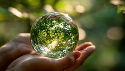 Reflection of lush green trees and sunlight within a glass sphere in a natural setting